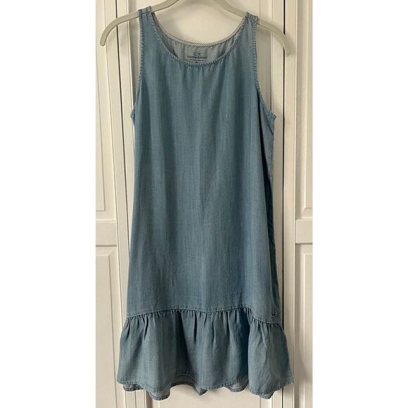 Vineyard Vines Girls Sleeveless Drop Ruffle Hem Dress Light Chambray Size XL/16 - Picture 1 of 9